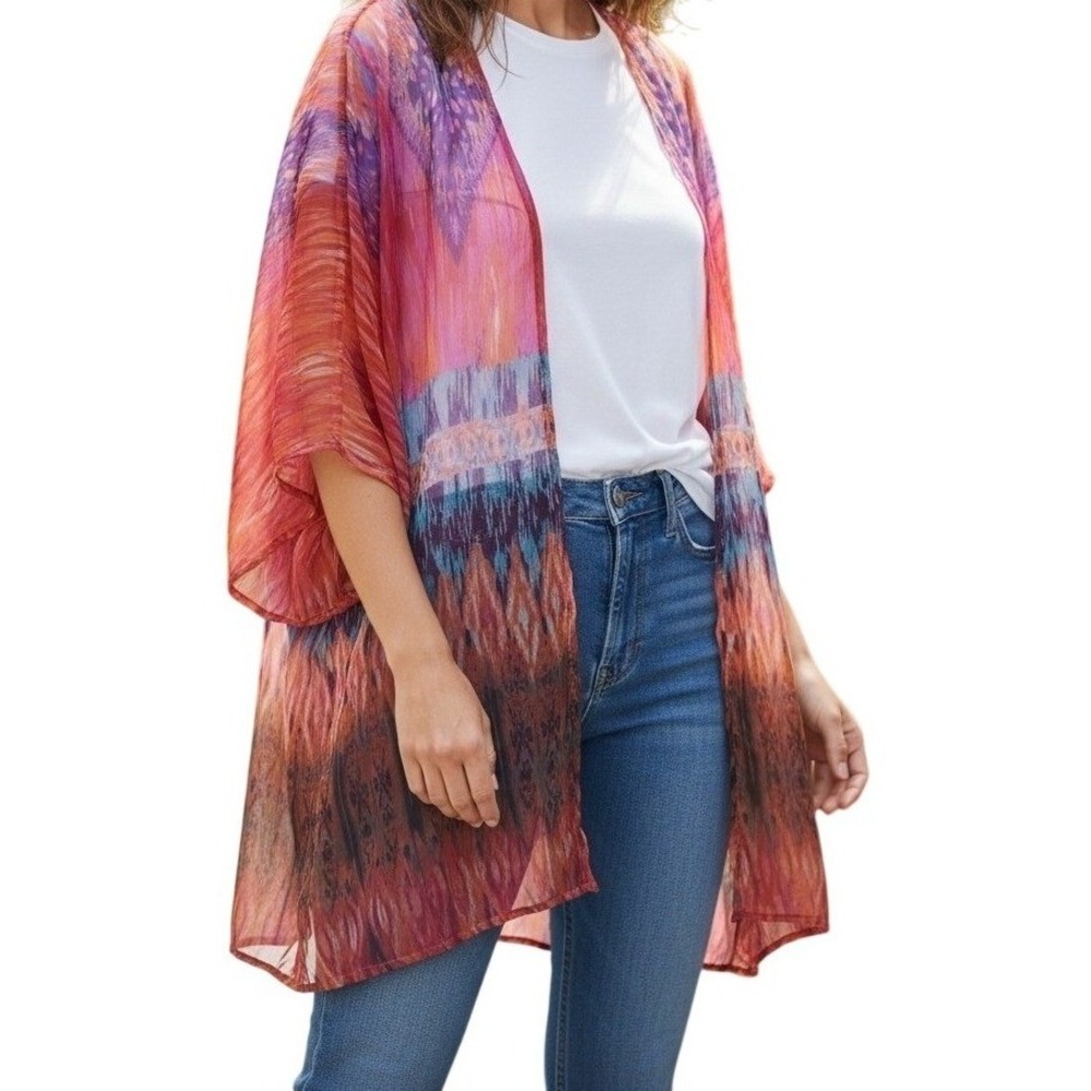 Notations Woman Kimono Cardigan 1X Multicolor Ikat Sheer Open Front Cover Up